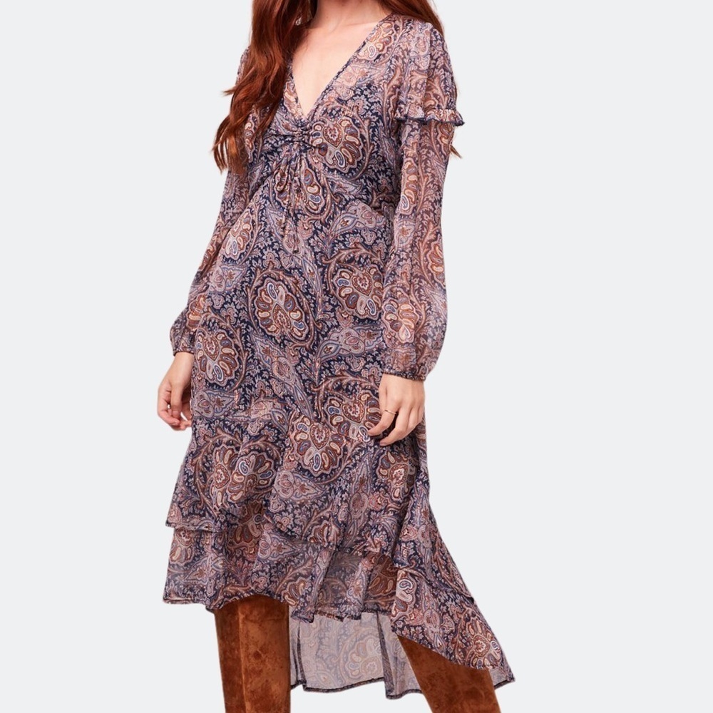 Band Of Gypsies Jayne Paisley Printed Chiffon Puff Sleeve Asymmetric Midi Dress